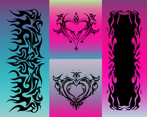 Leinwandbilder - Vector art with tribal tattoo hearts and frames over bright pink and purple gradients. The illustration uses the Y2K tribal revival style, one of the most popular digital trends of 2025.