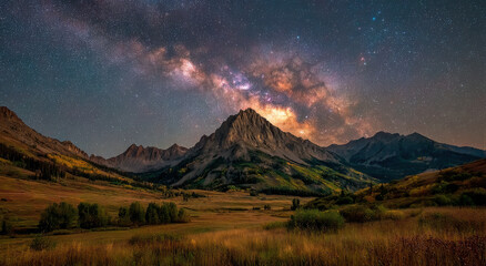Poster - Milky Way Over Mountain Range at Night, Representing Exploration and Natural Wonder for Travel and Adventure Photography