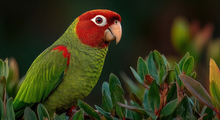 Poster - Red-Fronted Parrot Perched Among Green Leaves, Symbolizing Wildlife Conservation and Tropical Biodiversity in Natural Habitat, Ideal for Environmental Awareness Campaigns