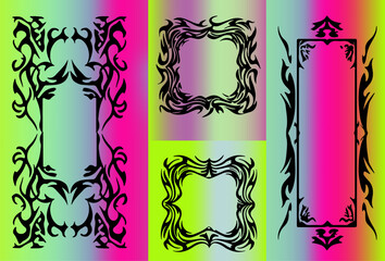 Aufkleber - Vector art with tribal tattoo hearts and frames over bright pink and purple gradients. The illustration uses the Y2K tribal revival style, one of the most popular digital trends of 2025.