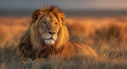 Aufkleber - Majestic Lion Resting in Golden Grass at Sunset, Symbolizing Wildlife Conservation and Natural Beauty, Perfect for Travel and Adventure Campaigns