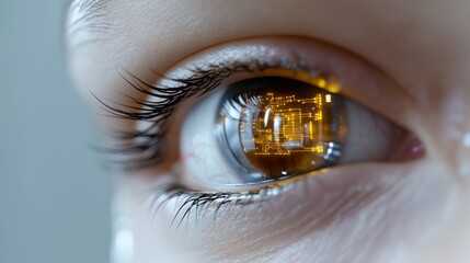 Poster - A close-up view of a human eye captures the shimmering surface and intricate eyelashes. Within the iris, a digital circuit board glows, symbolizing the blend of organic and digital worlds.