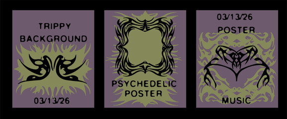 Poster - Three psychedelic posters in Y2K tribal tattoo style, using muted olive and purple colors. The bold, abstract frames and backgrounds highlight the 2025 trend of retro digital graphic design.