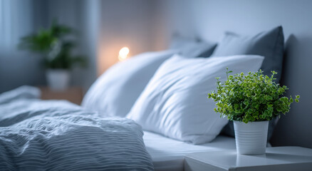 Aufkleber - Bedroom Interior With Bed and Plant on Nightstand, Showcasing Comfort and Relaxation for Home Decor Inspiration