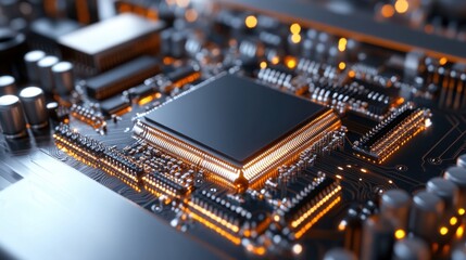 Poster - Detailed view of a microprocessor sitting on a high-tech circuit board, featuring intricate pathways and illuminated components, showcasing the complexity of modern electronics.