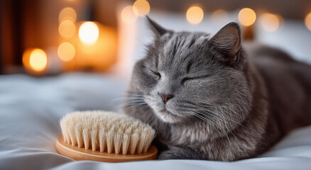Aufkleber - Contented Gray Cat Napping With Grooming Brush on Bed, Representing Pet Care and Relaxation at Home