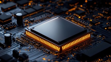 Poster - A detailed view of a centralized processing unit surrounded by intricate circuit pathways and illuminated components, showcasing modern technology in a darkened environment.