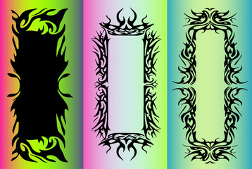 Poster - Three vector tribal frames on a colorful gradient background. The illustration features bold, sharp lines and popular Y2K-inspired tribal tattoo style, which is currently trending in digital art.
