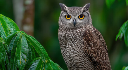 Poster - African Owl With Yellow Eyes Perched on Branch, Representing Wildlife Conservation and Natural Beauty in Environmental Awareness Campaigns