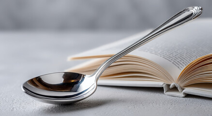 Poster - Silver Spoon Resting on Open Book, Symbolizing Knowledge and Culinary Education, Perfect for Recipe Guides and Learning Resources