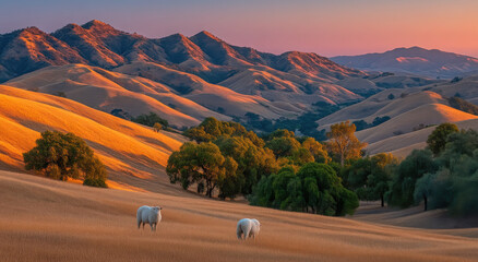 Aufkleber - Sheep Grazing on Golden Hills at Sunset, Showcasing Pastoral Harmony and Sustainable Agriculture Practices in Rural Landscape