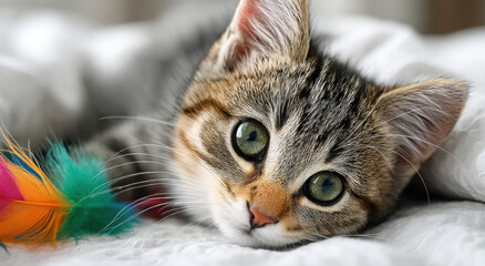 Poster - Adorable Kitten Resting on White Bedding With Colorful Feather Toy, Evoking Playfulness and Pet Adoption