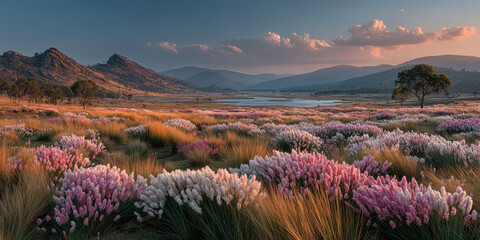 Aufkleber - Scenic Valley Meadow With Pink and White Flowers at Sunset, Representing Natural Beauty and Environmental Conservation, Perfect for Travel and Tourism