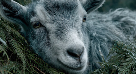 Aufkleber - Close-Up of a Goat Resting in Ferns, Symbolizing Rural Serenity and Agricultural Heritage, Ideal for Farm Animal Awareness Campaigns