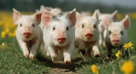 Poster - Group of Piglets Running Through a Meadow of Yellow Flowers, Illustrating Animal Husbandry and the Joys of Rural Living