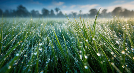 Aufkleber - Close-Up of Dew-Kissed Grass Blades at Sunrise, Symbolizing Freshness and Environmental Awareness for Sustainable Practices and Green Initiatives