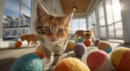 Poster - Curious Kitten Exploring Colorful Yarn Balls on a Sunny Porch, Representing Playful Learning and Childhood Joy