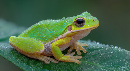 Poster - Green Tree Frog Covered in Water Droplets on Leaf, Representing Environmental Awareness and Conservation Efforts in Nature Photography