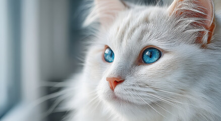 Aufkleber - Close-Up of a White Cat with Bright Blue Eyes, Symbolizing Purity and Pet Ownership, Ideal for Veterinary Marketing and Animal Welfare Campaigns