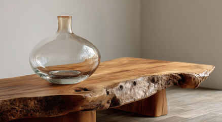 Poster - Glass Vase on a Wooden Table, Representing Interior Design and Minimalist Lifestyle, Suitable for Home Decor and Creative Product Presentation