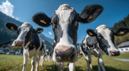 Poster - Close-Up of Cows Grazing in a Lush Meadow Under a Clear Sky, Promoting Sustainable Farming and Ethical Food Production