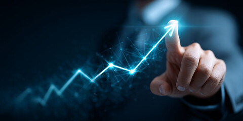 Poster - Blue glowing upward arrow graph, hand interacting with digital interface, symbolizes growth, progress, success, and technology
