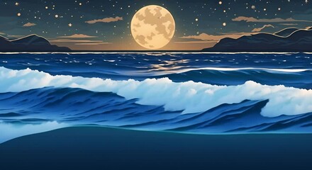 Wall Mural - tranquil night sky over gentle ocean waves background seamless looping motion design video animation