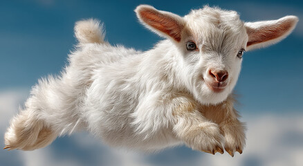 Poster - Leaping White Goat Kid Against a Blue Sky, Symbolizing Youthful Energy and Agricultural Growth for Children's Education