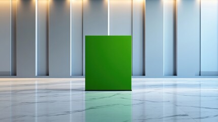 Poster - A vibrant green box is positioned centrally in a minimalist space with smooth, marble flooring and stylish, light-colored walls. The contemporary design emphasizes simplicity.