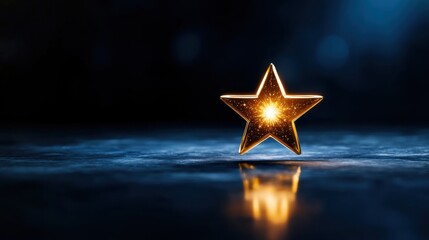 Poster - A golden star stands prominently against a dark blue backdrop, its surface sparkling and reflecting light. The bright glow creates an enchanting atmosphere, ideal for celebration themes.