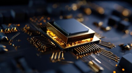 Poster - A microchip situated in the center of a complex circuit board emits a warm glow, highlighting its sophisticated design. The dark background accentuates the intricate details of the circuitry.