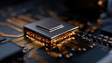 Poster - A detailed view of a microchip positioned on a circuit board shows complex gold connections and illuminated pathways, highlighting advanced technology in electronics.