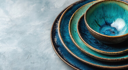 Poster - Stack of Blue Ceramic Plates and Bowl on Textured Surface, Representing Culinary Artistry and Restaurant Supply Chain