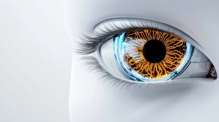 Poster - A detailed close-up of a futuristic robotic eye features vibrant orange and blue circuitry designs. This eye symbolizes advanced technology and innovation in robotics.