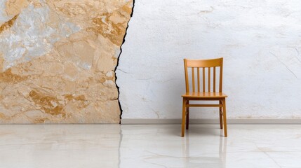 Poster - A wooden chair stands alone in a minimalist indoor area, placed against a cracked and textured wall. The lighting emphasizes the chair and wall's details, creating a tranquil atmosphere.