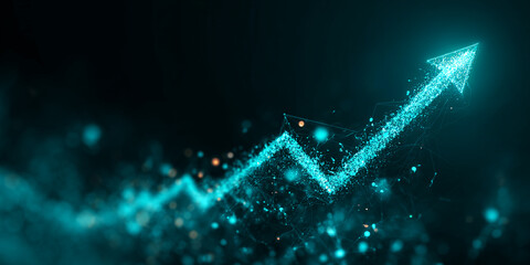 Poster - Glowing cyan arrow formed of particles, ascending on dark background, symbolizing growth, progress, and success in business or technology
