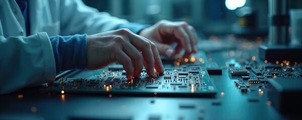 Poster - Technician hands work with circuit board, inspecting components. Focus on tech, innovation, semiconductors, digital devices, electronics. Research in lab setting for development, engineering, cyber,