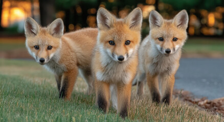 Poster - Three Curious Fox Kits Standing in Green Grass, Representing Wildlife Conservation and Natural Beauty, Ideal for Environmental Awareness Campaigns