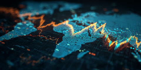 Poster - Digital world map with glowing blue and orange data streams, illustrating global connectivity and data flow, showcasing dynamic interactions, ideal for technology or finance concepts