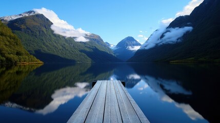 Wall Mural - A serene fjord with a wooden dock extending into reflective waters, flanked by lush green mountains and clouds, representing the tranquility of nature in daylight.