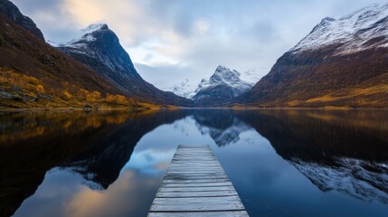 Wall Mural - The tranquil lake mirrors towering snow-capped mountains under a twilight sky. A wooden pier extends into the water, surrounded by vibrant autumn foliage on the shore.