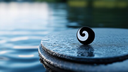 Poster - A glossy black and white object sits atop a damp stone, surrounded by still water reflecting the soft morning light. The peaceful scene captures nature and simplicity beautifully.