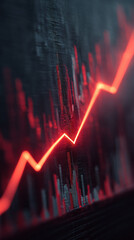 Poster - Close-up of a red upward trend line on a dark digital screen, showcasing financial growth and positive market indicators, symbolizing success and progress in business