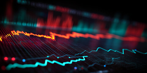 Poster - Close-up of glowing teal and red lines on a dark grid, depicting dynamic data flow, symbolizing market trends, technology, and financial analysis