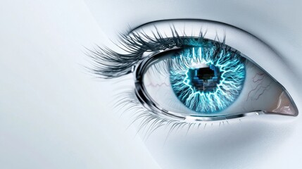 Poster - A close-up view of a striking eye featuring vibrant blue energy patterns and digital elements. This captivating visual represents the fusion of technology and human perception.