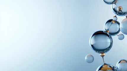 Poster - Clear water droplets float gracefully in a serene blue background, forming an abstract composition that evokes feelings of calmness and purity. The arrangement highlights their reflective surfaces.