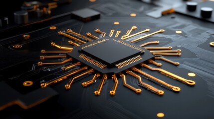 Poster - High-tech microprocessor positioned at the center of a dark circuit board showcases intricate golden connections and modern design. This powerful component is essential for processing tasks.