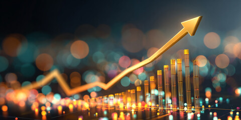 Poster - Golden arrow rising above glowing bar graph, bokeh background, symbolizing growth, success, and progress in business and finance