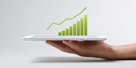 Poster - Hand holding tablet displaying upward green bar graph, symbolizing growth, success, and progress in business or technology