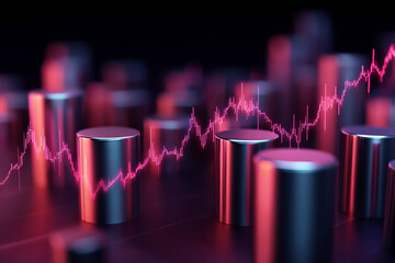 Poster - Metallic cylinders illuminated with pink light, showcasing a dynamic graph symbolizing growth, progress, and financial trends in business or technology